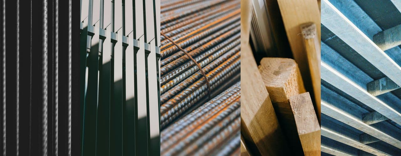 FRP vs steel, aluminum, timber and concrete — material surface textures side by side for structural comparison